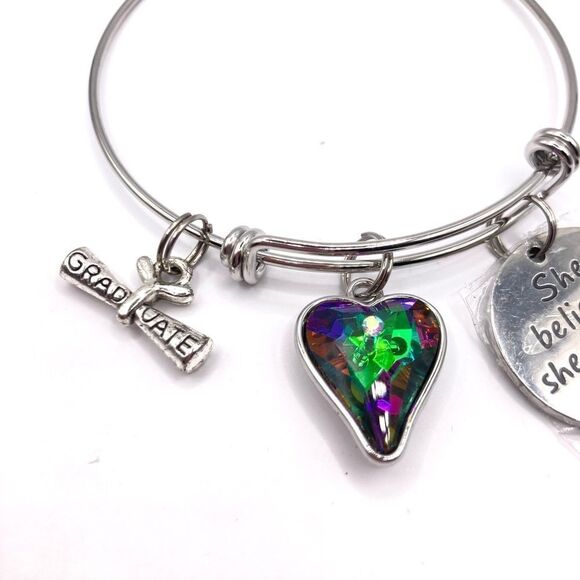 Silver Graduation Charm Bangle Bracelet - Picture 2 of 4